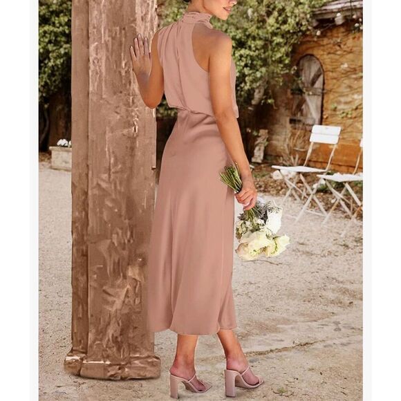NEW Satin Dress Sleeveless Mock Neck Wedding Guest S - Picture 5 of 7
